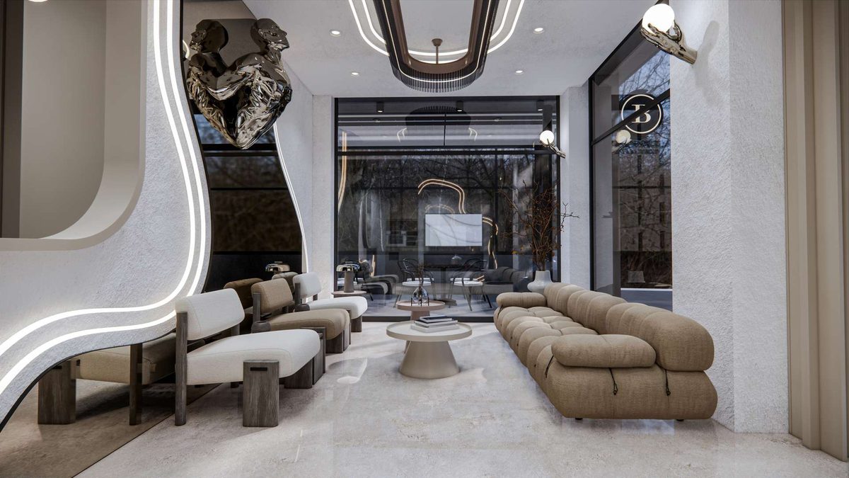 Waiting lounge: modular beige sofa, travertine surfaces and a wide glazed façade
