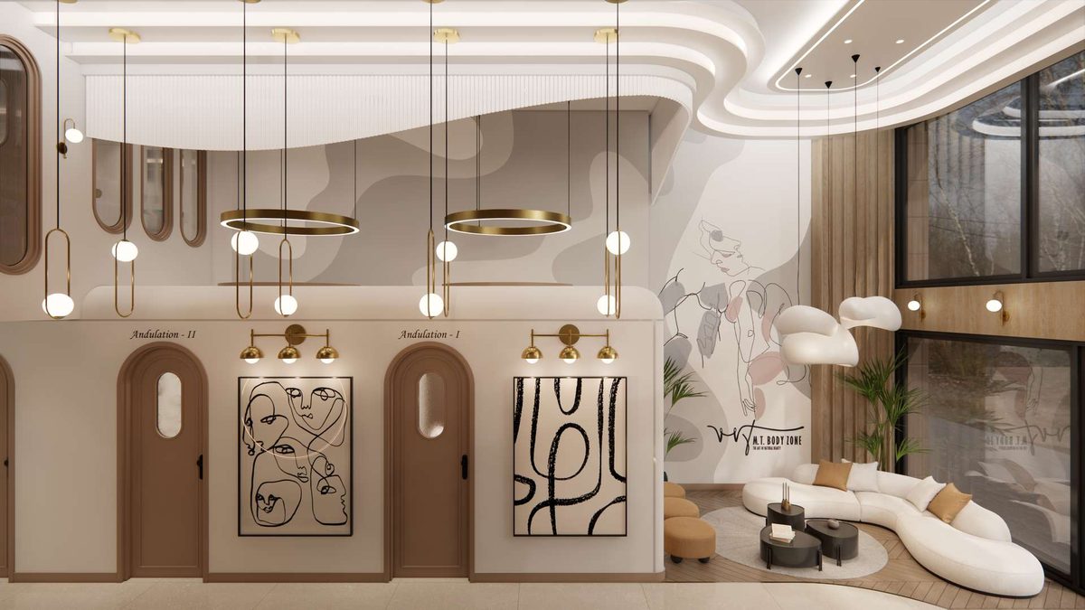 Product display wall with arched niches and pendant lighting