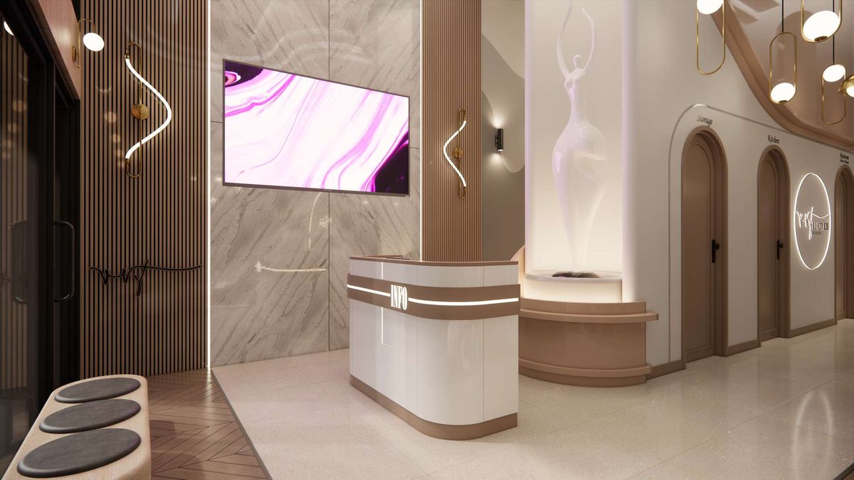 Reception desk with slatted timber cladding and a screen wall