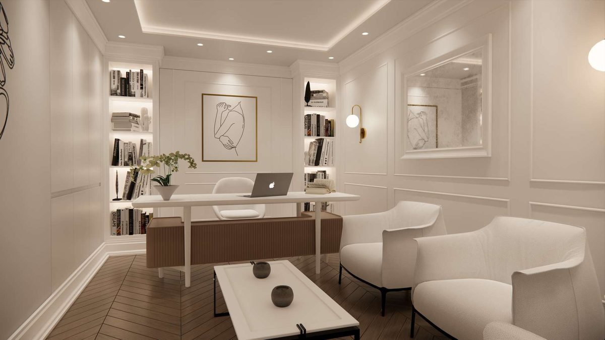 Consultation room: desk, bouclé armchairs and bookshelves