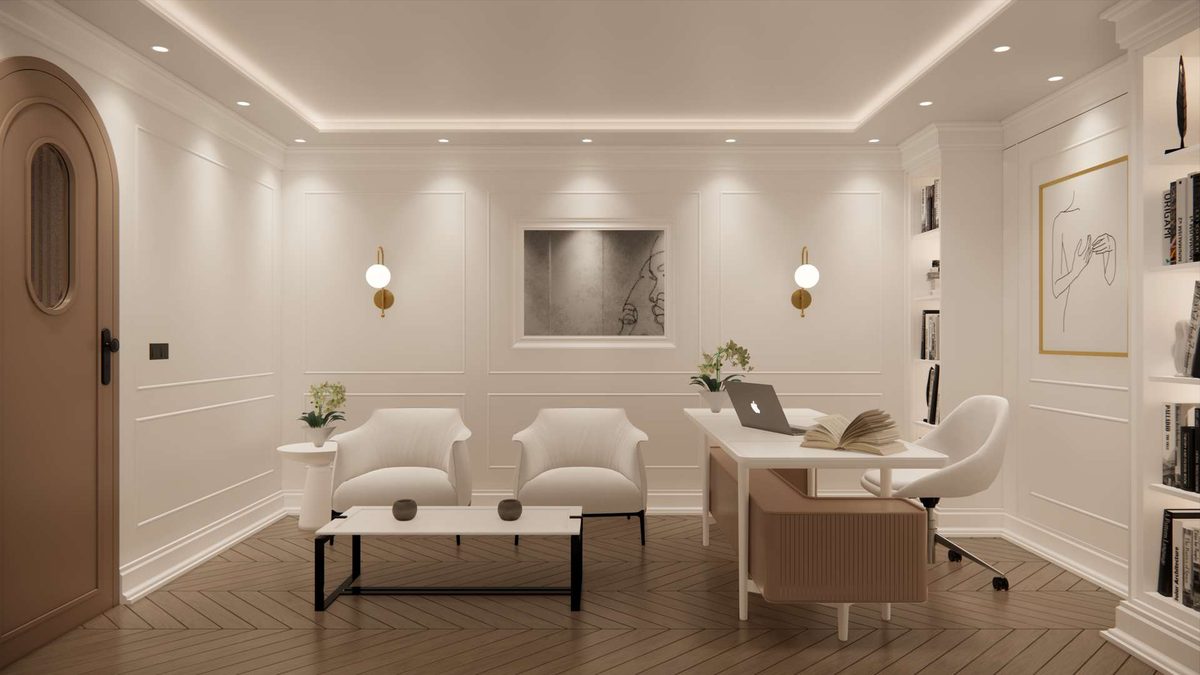 Second consultation room with white wall panelling and warm accent lighting