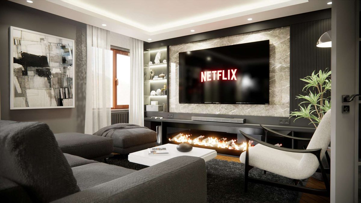 Living room: stone-clad media wall, inset fireplace and grey seating