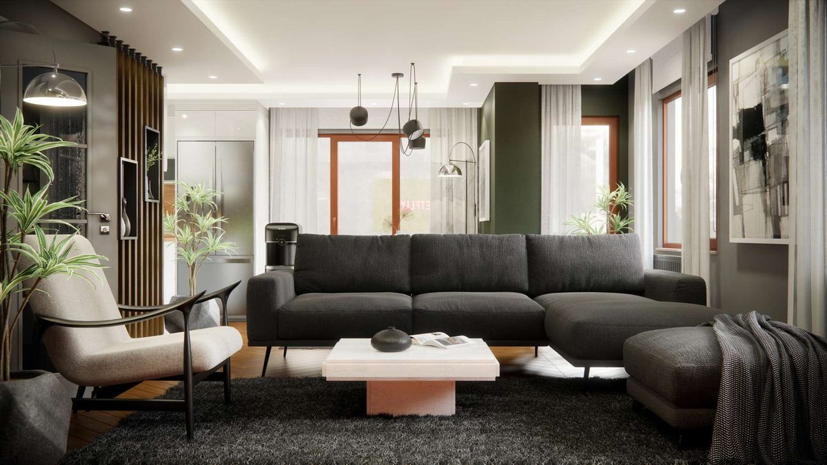 The living room from the window side, with timber flooring and pale coffee tables