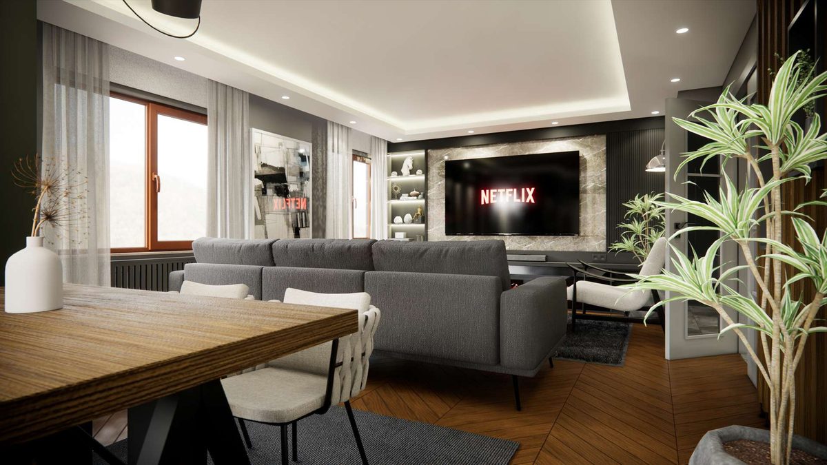 Dining table with the living area behind