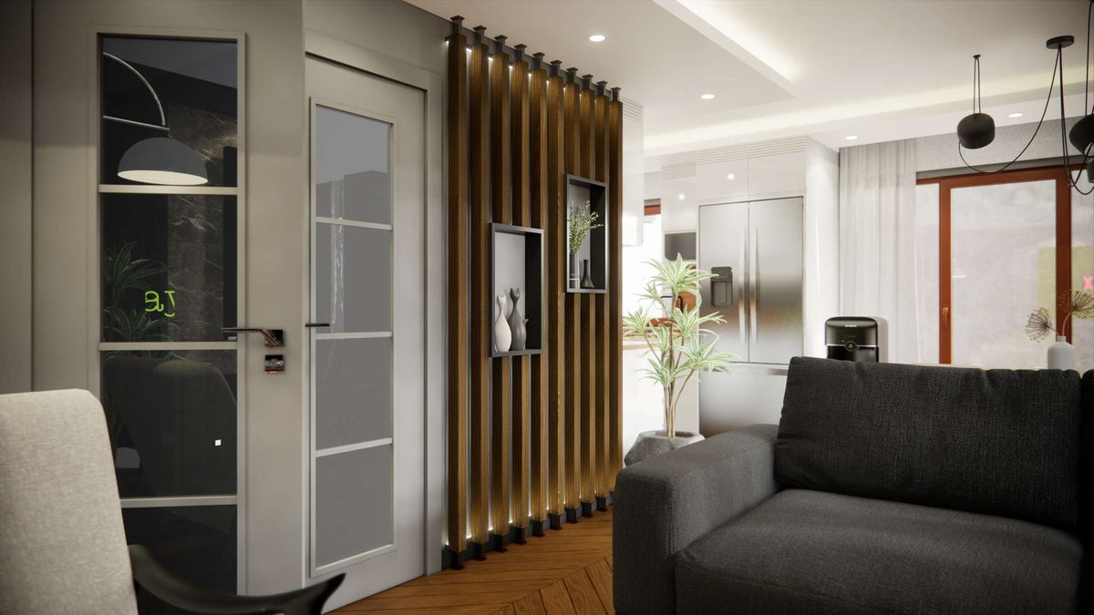 Slatted timber screen and the kitchen entrance