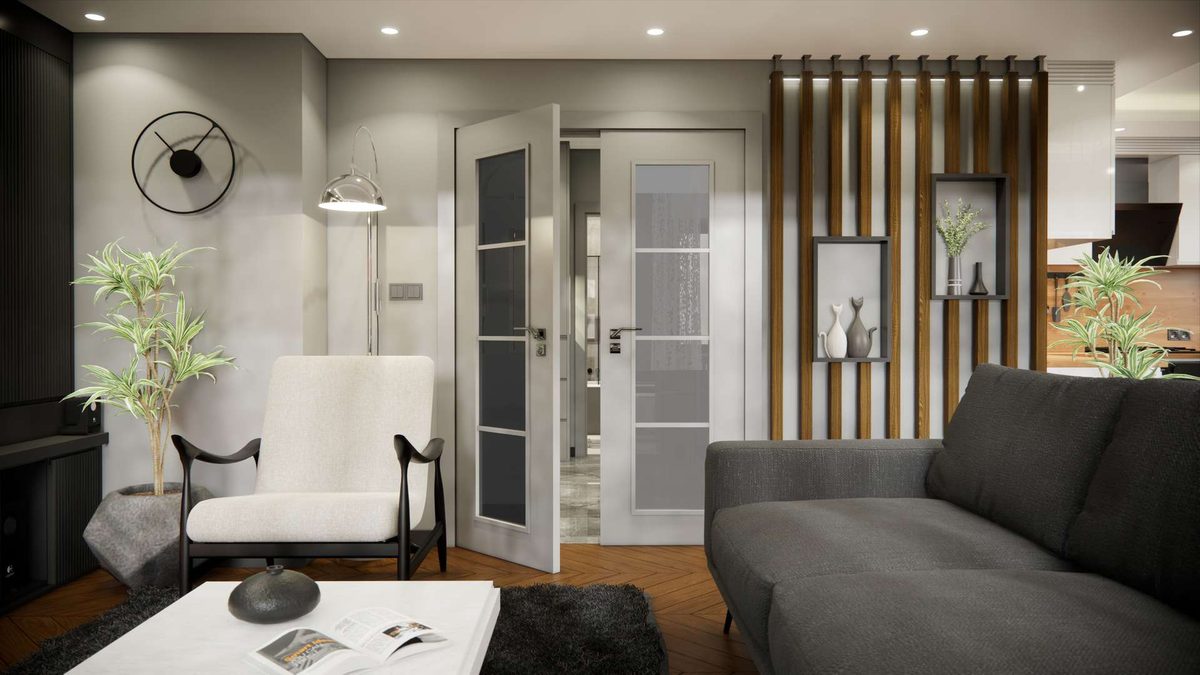 View from the living area to the kitchen through glazed doors