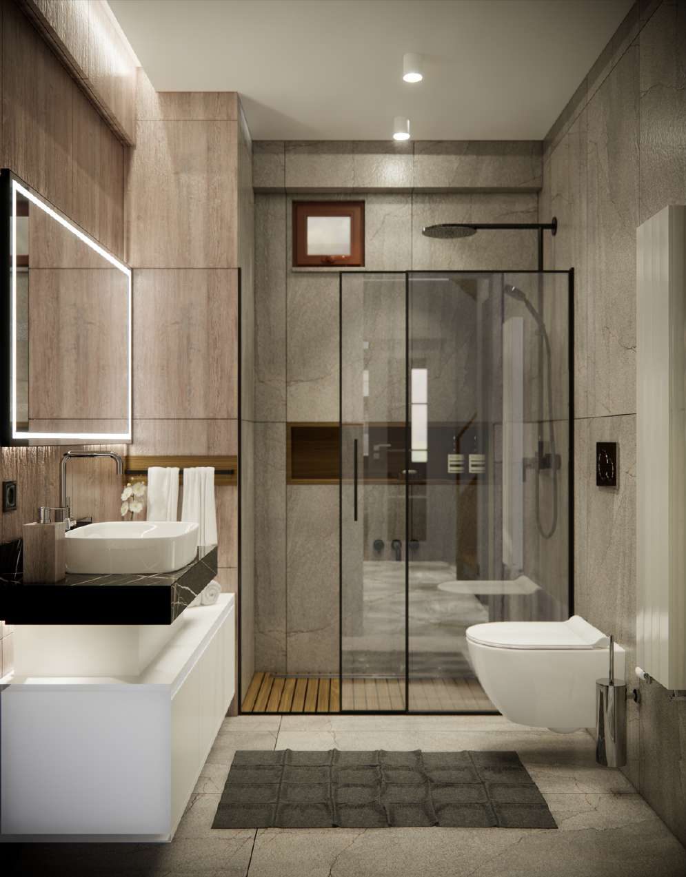 Bathroom: shower enclosure, timber-textured wall and recessed lighting