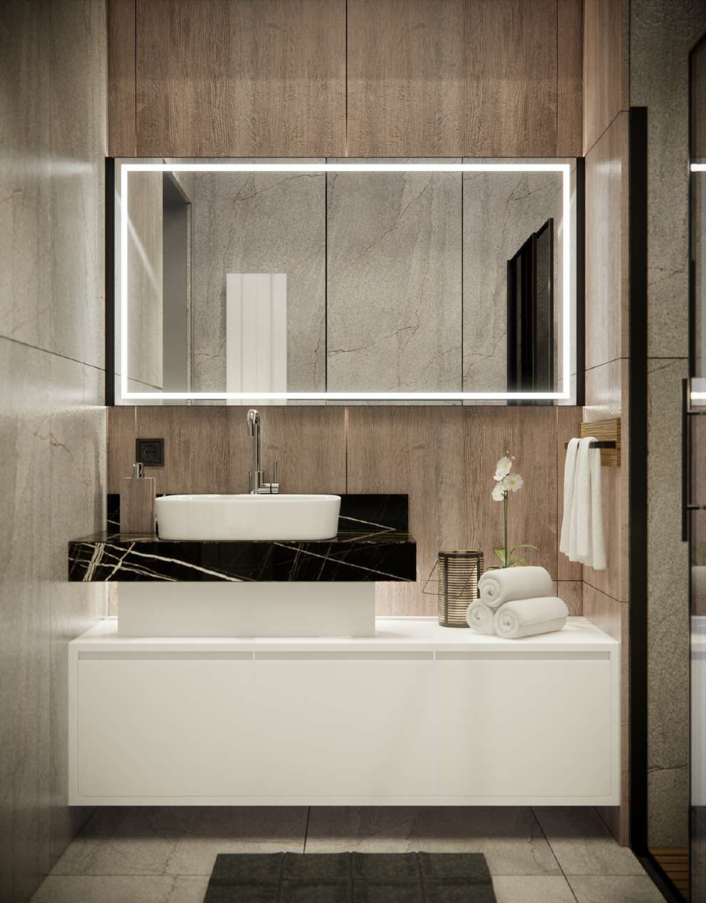 Second bathroom with a wide mirrored vanity unit