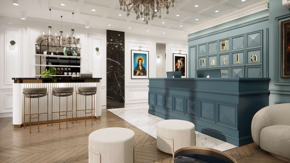 Reception desk and adjoining bar with petrol-blue timber panelling