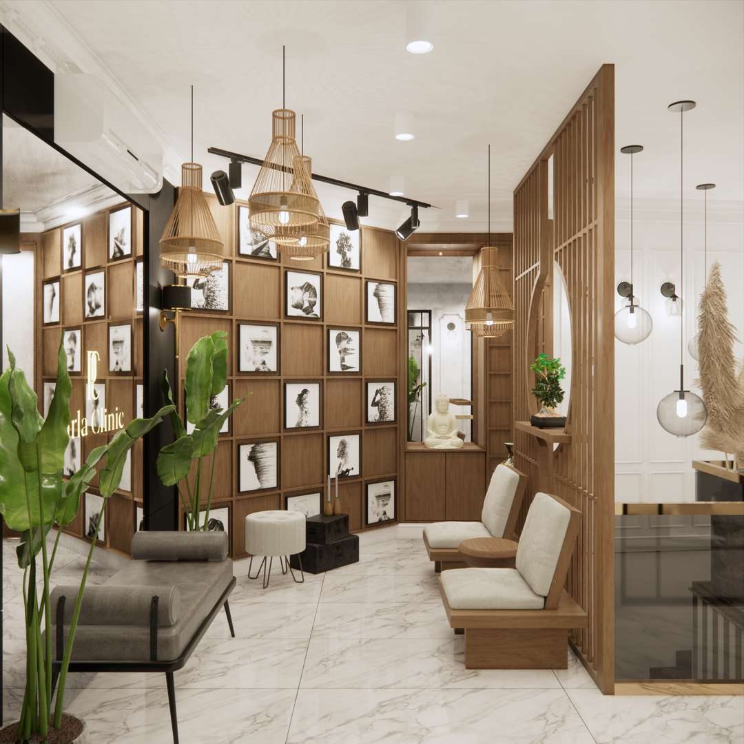 Ahşap raflı bekleme nişi ve sarkıt aydınlatmalar