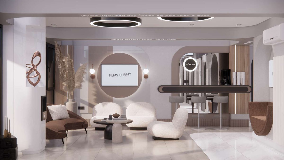 Second waiting area with round tables and a timber-detailed reception desk