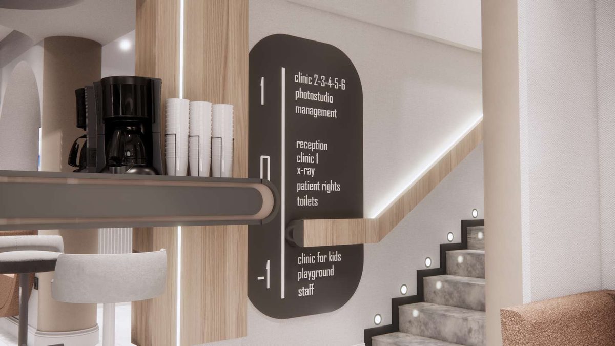 Wayfinding panel at the head of the stairs