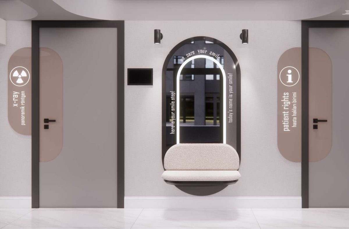Clinic corridor with arched niches and department doors