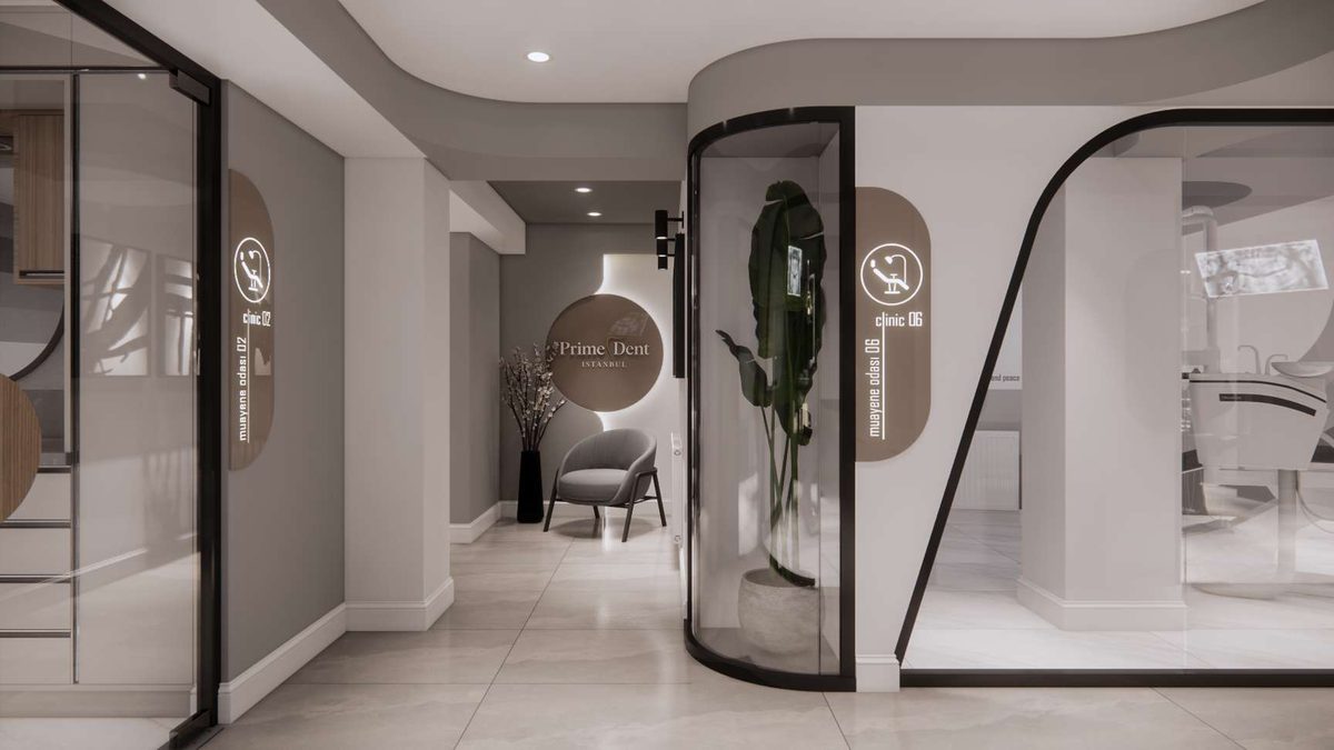 Glass-partitioned treatment room entrance and waiting niche
