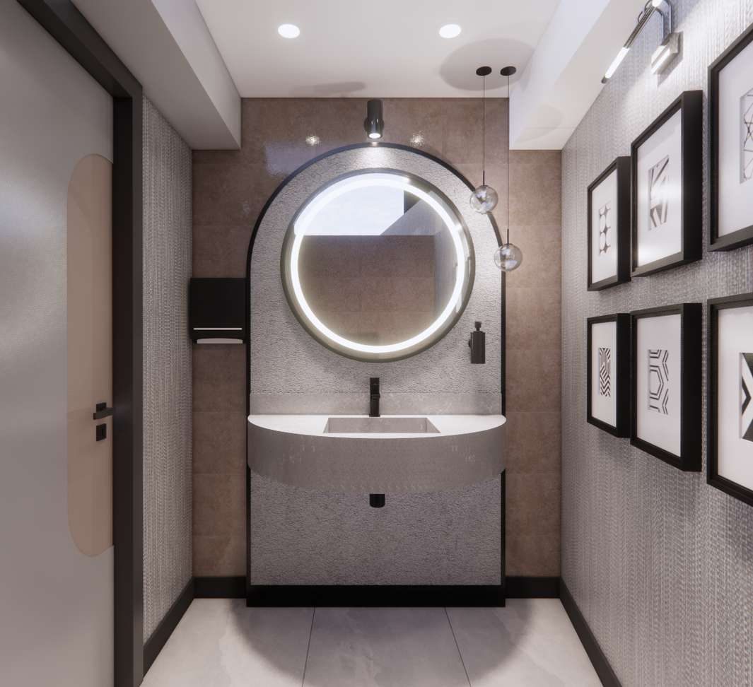 Washbasin niche with a round mirror and framed wall