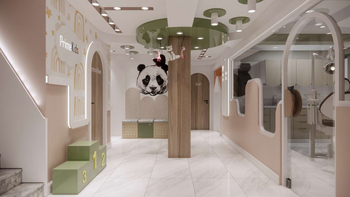Children's department: green ceiling rings and play area