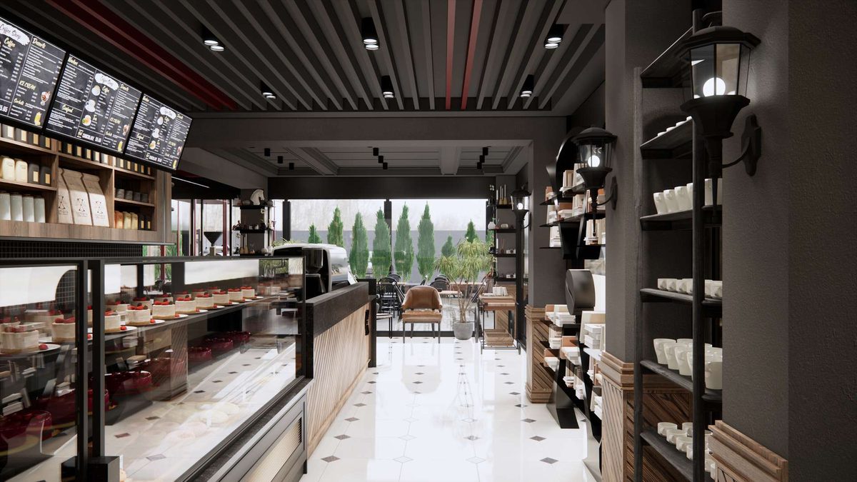 Teşhir ve pasta reyonu, siyah çelik raflar