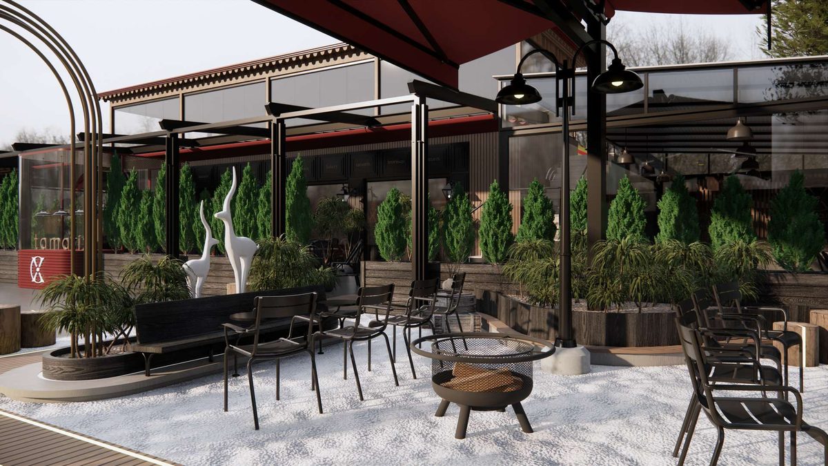Pergola altındaki bahçe oturma alanı